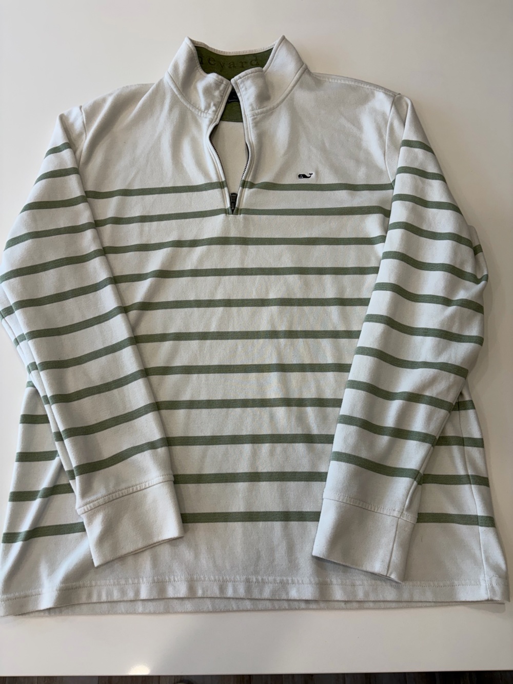 Men’s XL Vineyard Vines Striped Quarter-Zip Pullover - White & Sage